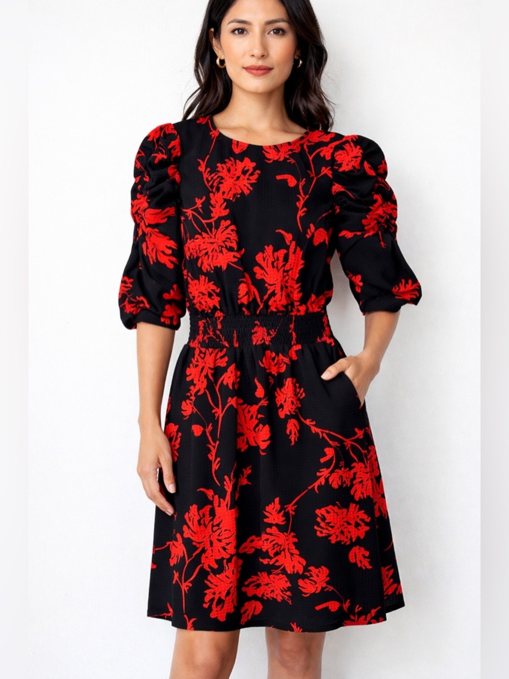 “Who What Wear” Black & Red Floral Puff Sleeve Dress | Smocked Waist | Sz Small